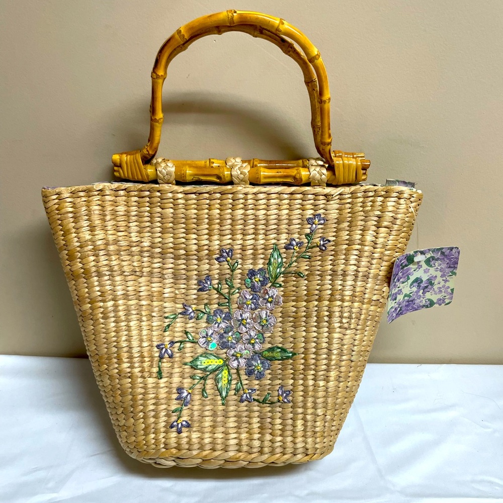 NWT Cappelli Straworld, Inc. Woven Purse w/Embroidered Purple Flowers Bamboo